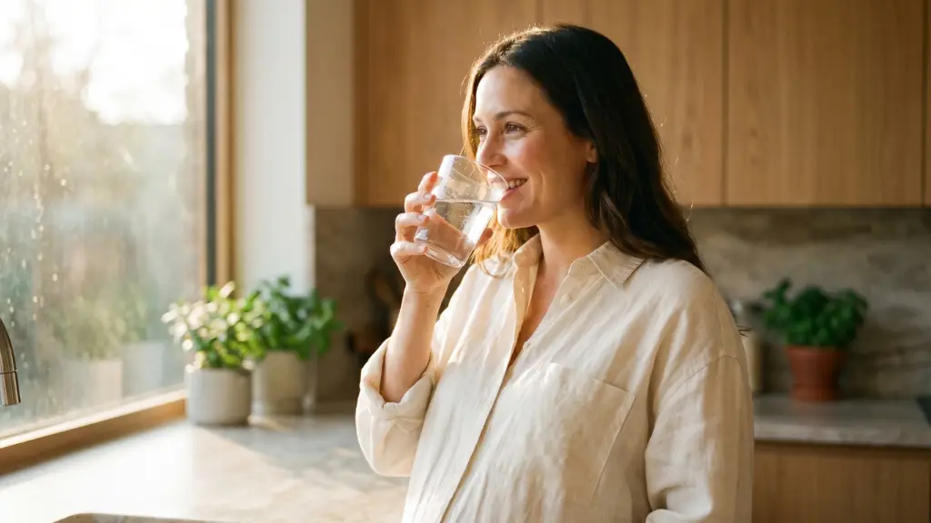 Mujer embarazada radiante bebiendo un vaso de agua con colágeno