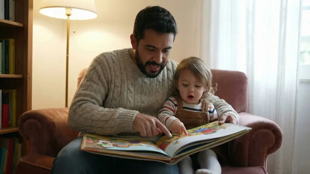 Madre leyendo con su hijo para estimular el habla — lectura compartida y desarrollo del lenguaje