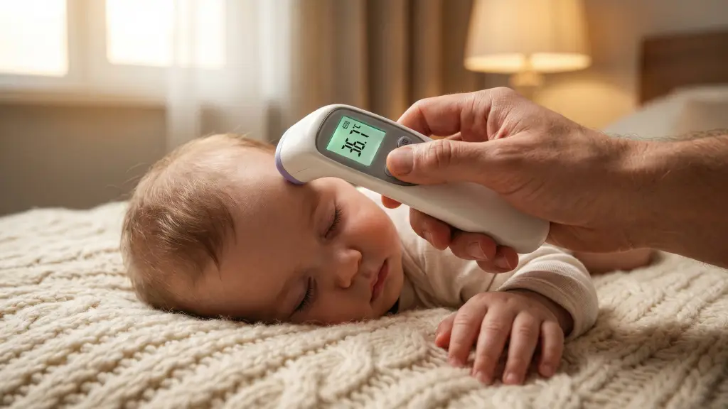 Mano de un padre midiendo la temperatura de su bebé con un termómetro digital