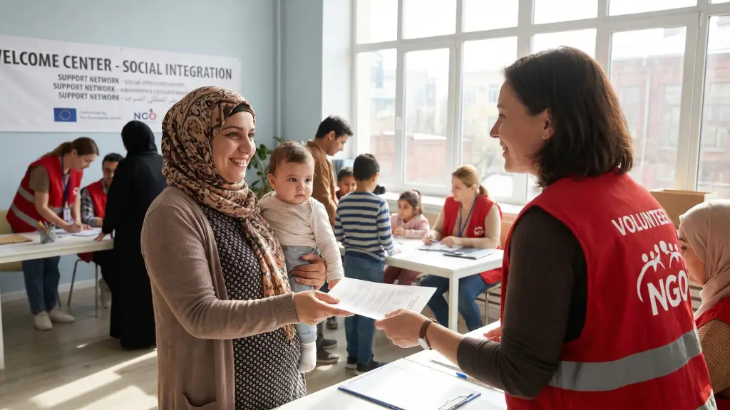 Madre inmigrante con su bebé recibiendo asesoramiento y ayuda de una voluntaria de Cruz Roja en Sevilla