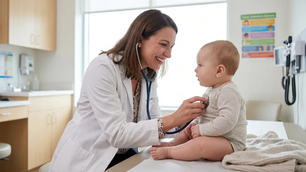 Pediatra amable examinando a un bebé de 6 meses en la consulta médica