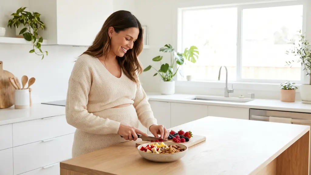 Mujer embarazada en el tercer trimestre preparandose un bol de frutas saludables