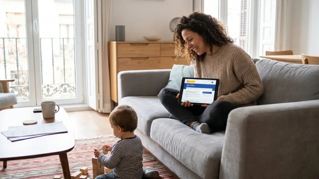 Madre soltera feliz con su hijo consultando su tablet aplicando las deducciones para familias monoparentales en Andalucía
