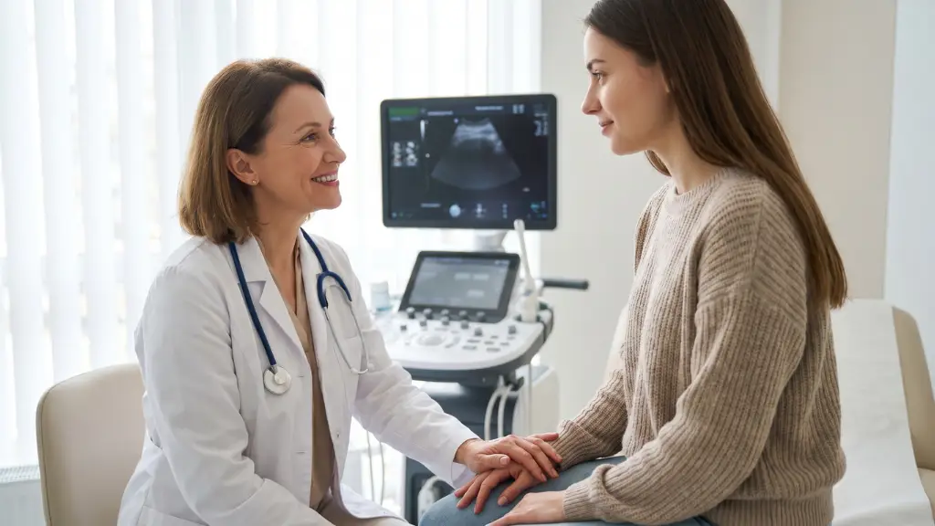 Ginecóloga haciendo ecografía temprana para confirmar embarazo