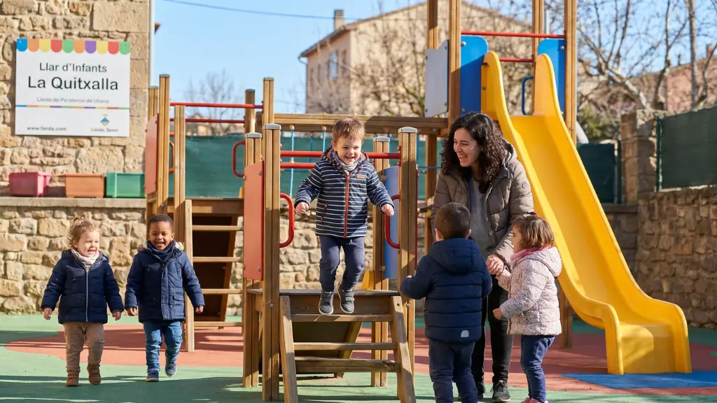 Niños jugando felices en una Llar d'Infants en Lleida, representando la escolarización gratuita I2 en Cataluña y las becas de comedor