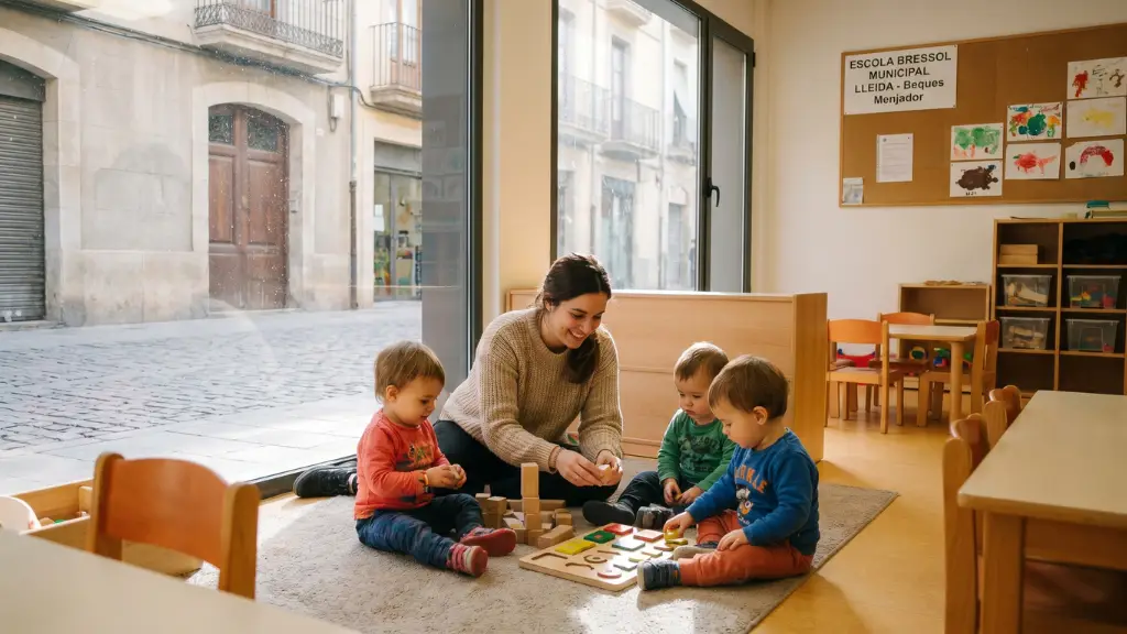 Niños pequeños jugando felices en una Escola Bressol Municipal de Lleida, financiada con ayudas del Ayuntamiento