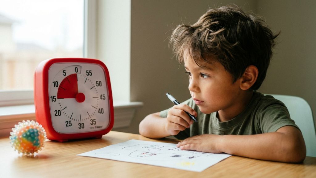 Herramientas de concentración para niños con TDAH — reloj visual y temporizador en el trabajo escolar