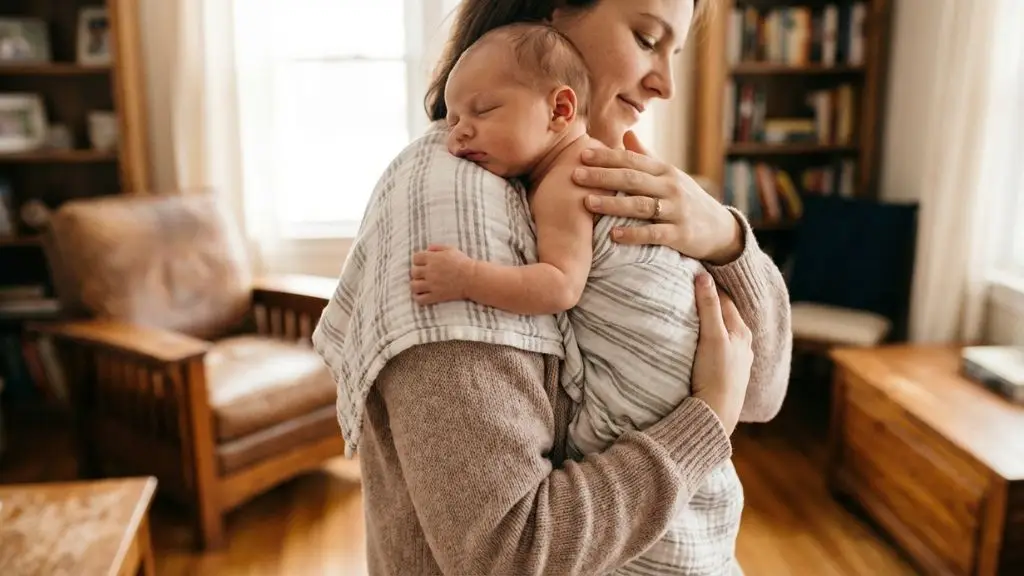 Madre ayudando al bebé a eructar para quitar el hipo en recién nacido — postura para eliminar el aire