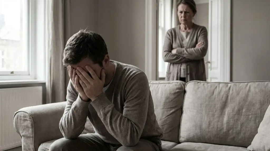 Madre narcisista adoptando el papel de víctima en una conversación con su hija adulta