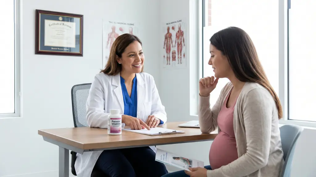 medico ginecologo recetando vitaminas prenatales a embarazada