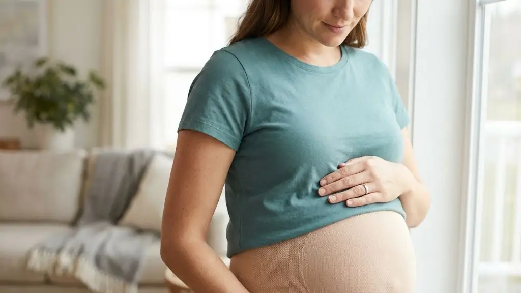 Mujer embarazada con hernia umbilical — cuidados y soporte abdominal