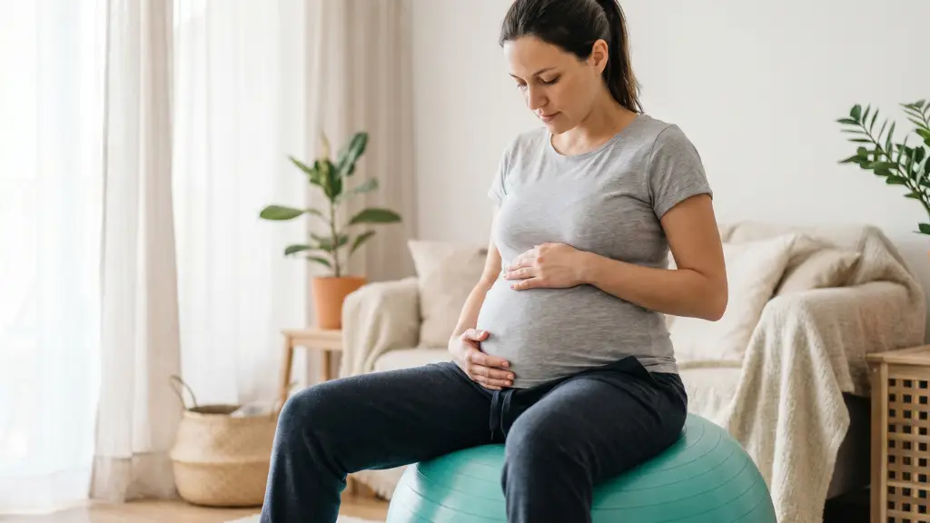 Mujer embarazada en trabajo de parto balanceando su pelvis sobre una pelota de pilates para facilitar la dilatacion y reducir el dolor