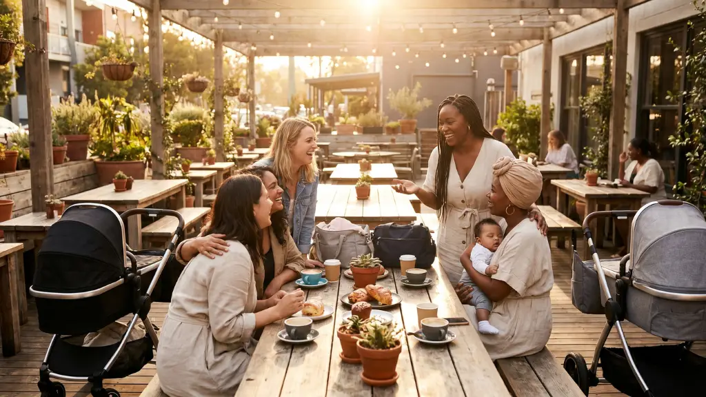 Grupo de mujeres amigas riendo y tomando un café juntas con sus carritos de bebé