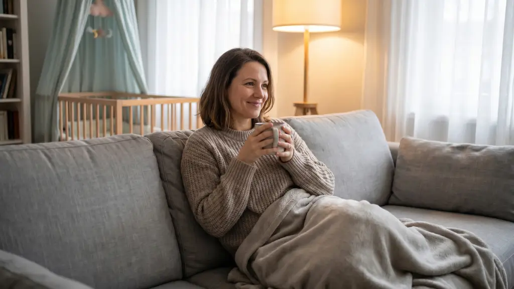Madre relajada tomando una taza de té en el sofá en un momento de autocuidado