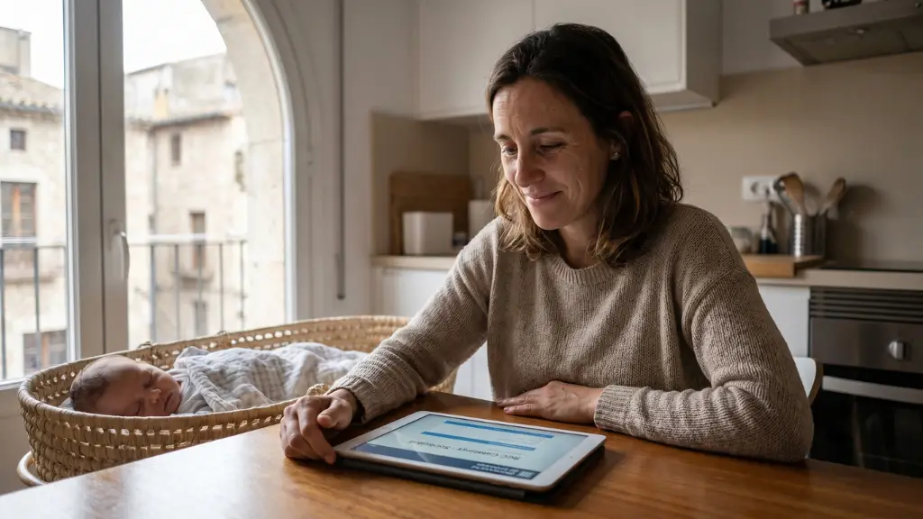 Madre catalana gestionando tranquilamente la solicitud de la Renta Garantizada de Ciudadanía online