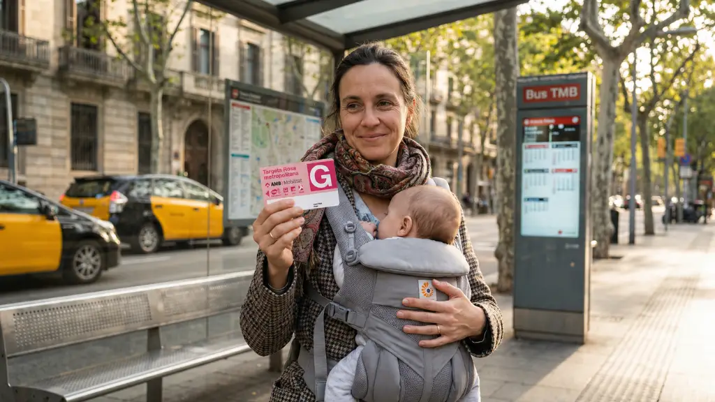 Madre utilizando la Tarjeta Rosa de transporte metropolitano para familias vulnerables en Barcelona