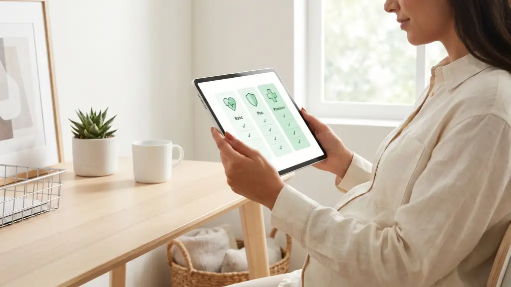 Mujer embarazada revisando una comparativa de mutuas para embarazo en una tablet, analizando precios y coberturas médicas