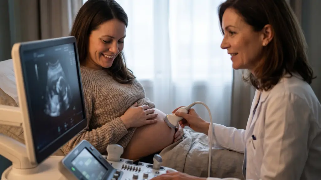 Doctora realizando una ecografía a una mujer embarazada feliz, ilustrando las coberturas de un seguro privado de embarazo sin carencia