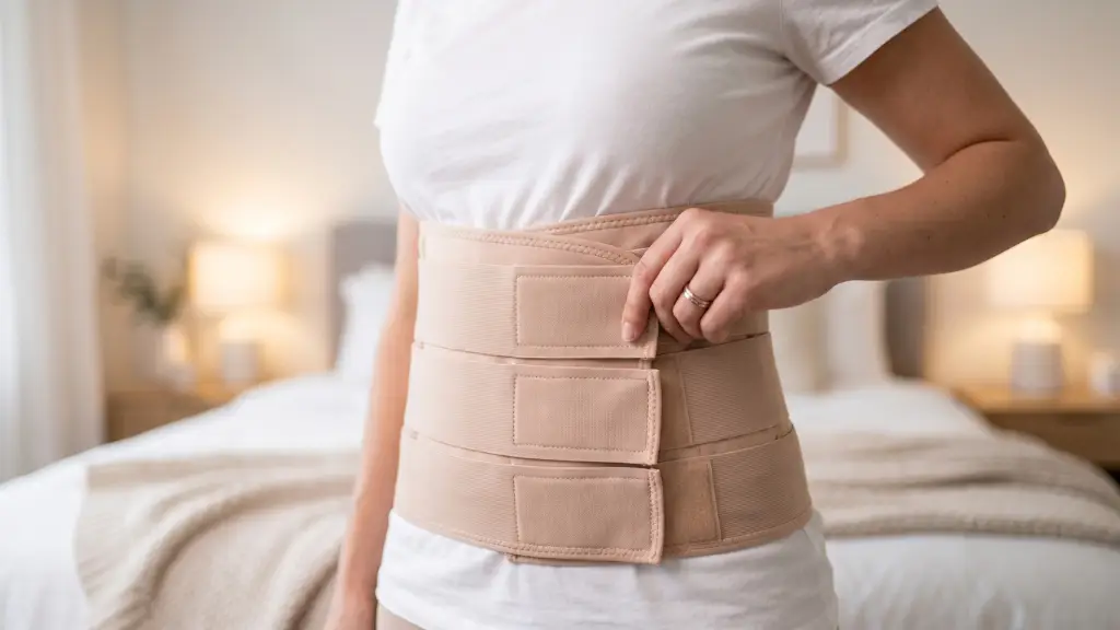 Mujer ajustando una faja abdominal posparto de compresión sobre una camiseta blanca para dar soporte a la hernia umbilical