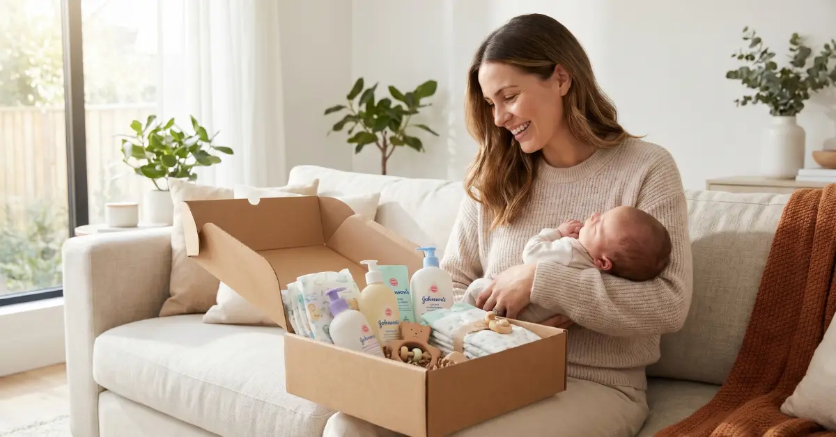 Madre feliz con su bebé recién nacido recibiendo productos financiados por el estado