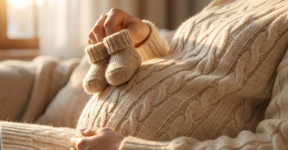 Barriga de mujer embarazada sosteniendo unos patucos de bebé, ilustrando el crecimiento del feto