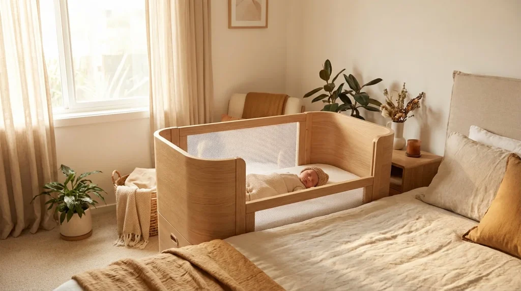 Mejor cuna colecho instalada en habitación moderna con bebé durmiendo.