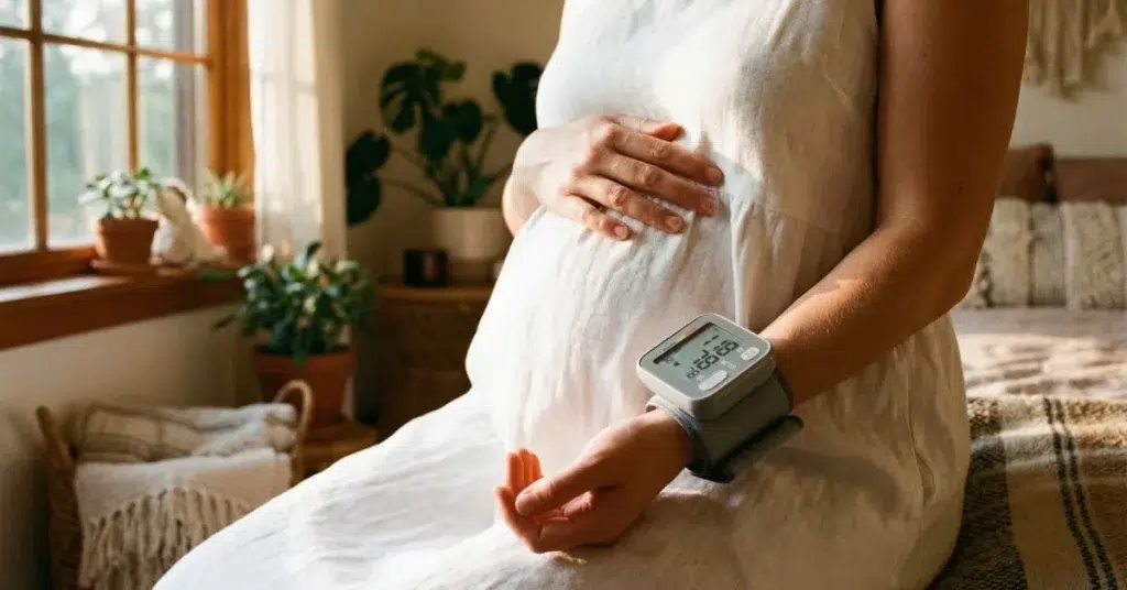 Mujer embarazada tomándose la tensión arterial en casa con tensiómetro de brazo digital durante el embarazo