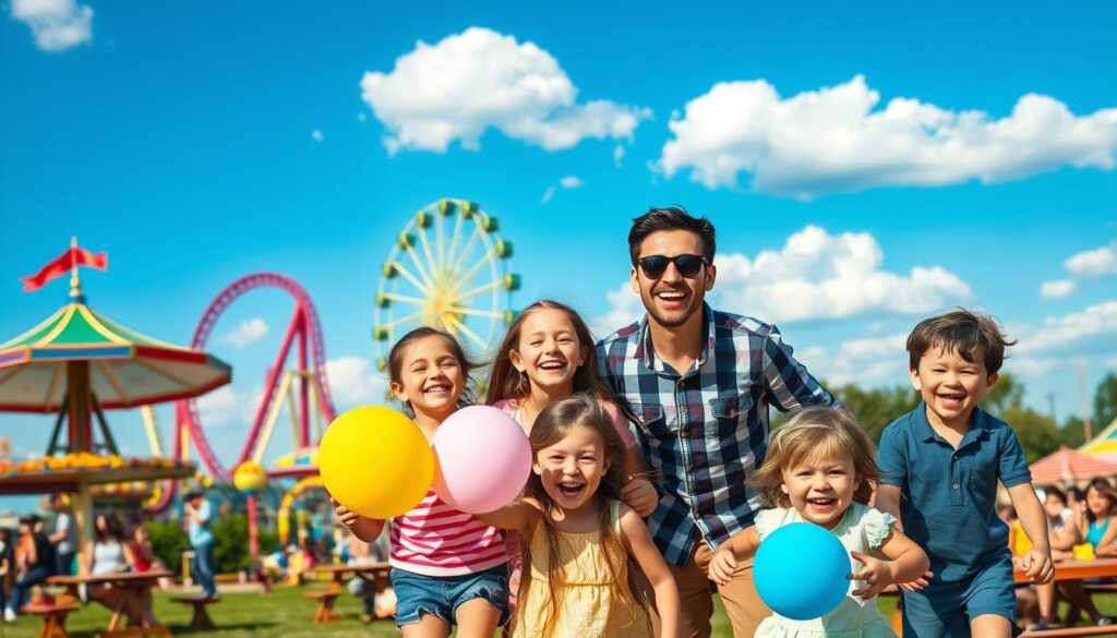 Familia disfrutando de actividades en un parque de atracciones Familia disfrutando de actividades en un parque de atracciones