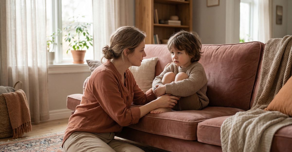 Madre acompañando a su hijo con miedo intenso a vomitar, emetofobia en niños, apoyo emocional en casa