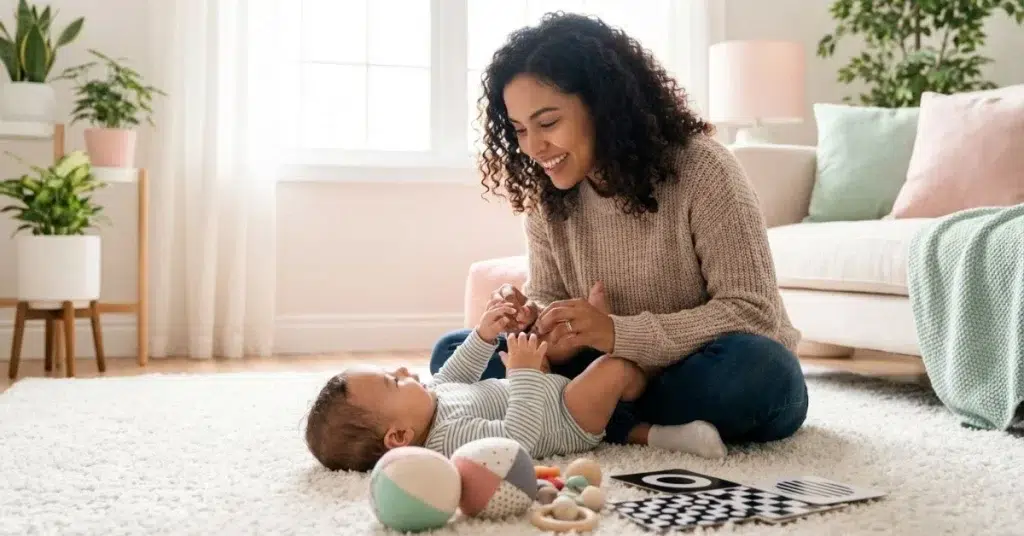 Madre joven jugando con su bebé de 4 meses con juguetes sensoriales coloridos sobre una alfombra blanca en casa — estimulación sensorial en niños
