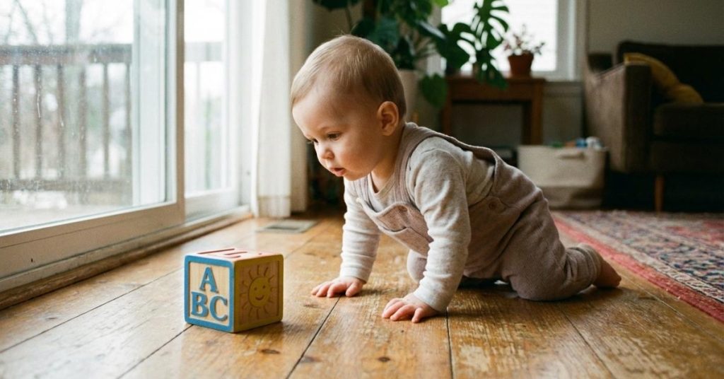 bebe gateando hacia un juguete de colores