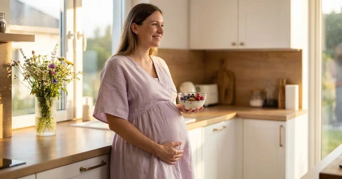 Mujer embarazad en la cocina comiendo yougur con Probióticos naturales