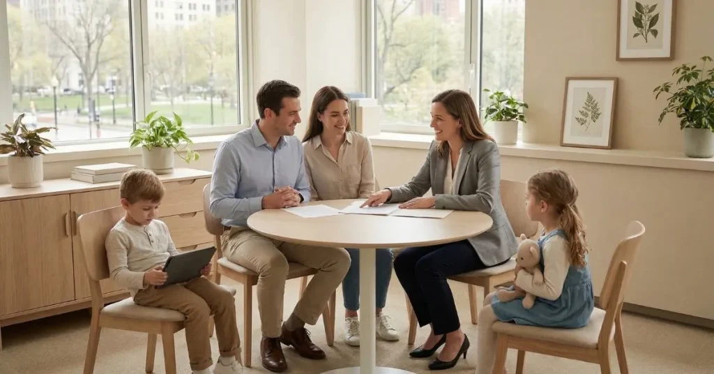 Familia con hijos recibiendo orientación legal de un abogado sobre derechos de inquilinos y desalojo