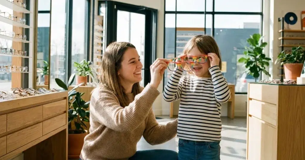 : Madre sonriendo mientras ayuda a su hija a probarse unas gafas de colores en una óptica, representando la ayuda gafas Seguridad Social.
