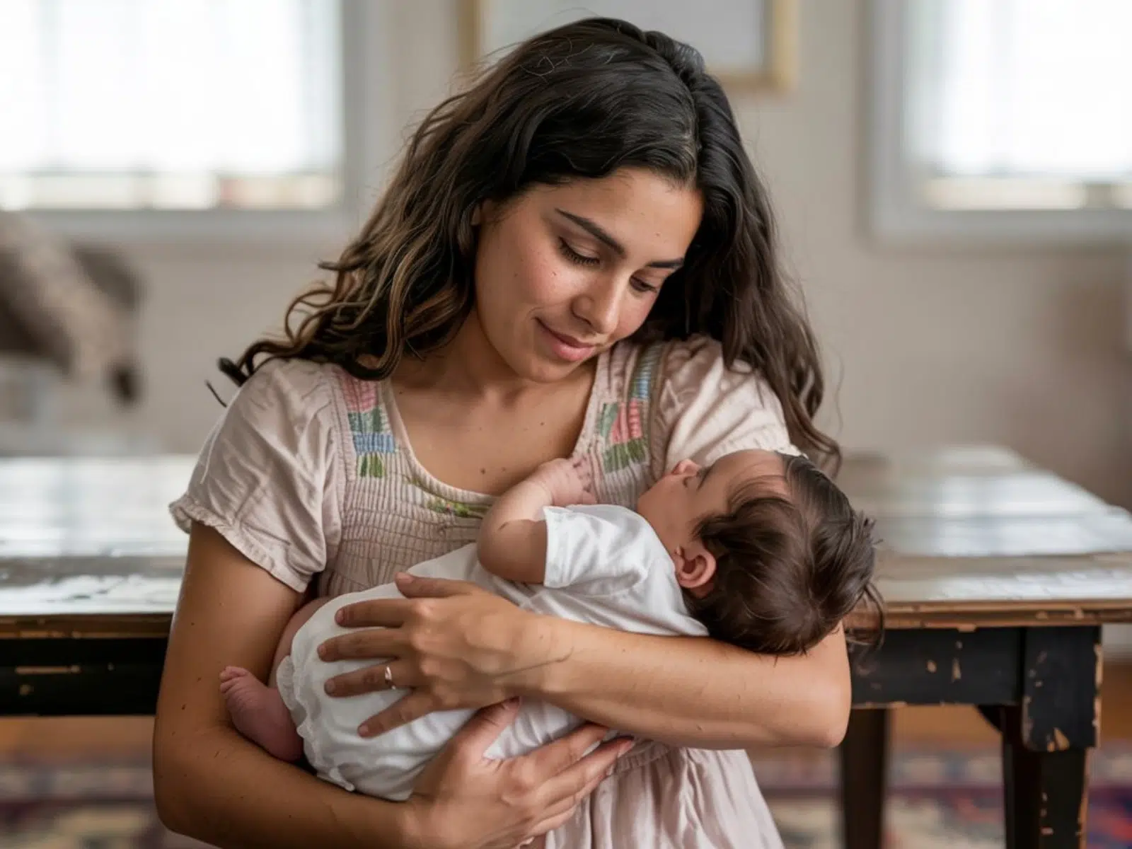 Madre primeriza sentada con su bebé en brazos, con expresión de preocupación en casa, representando la realidad de muchas mujeres sin trabajo tras el parto.