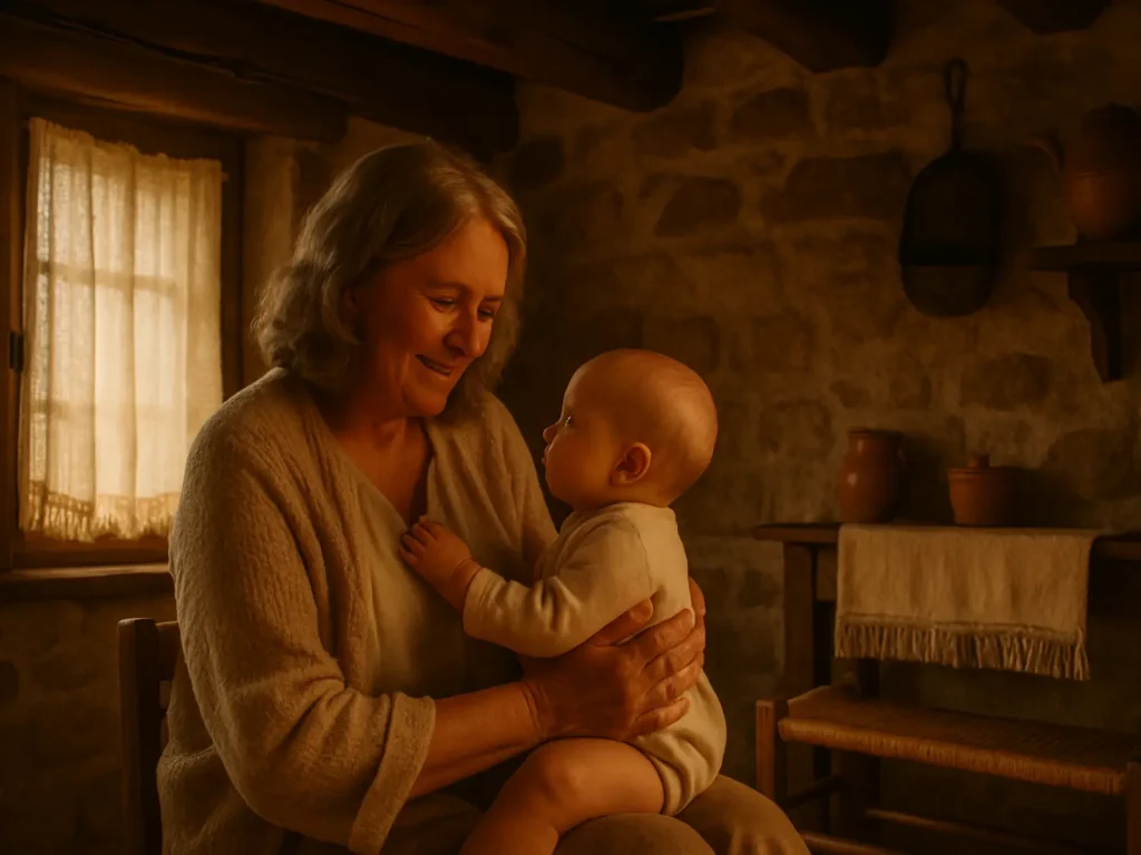 Abuela abrazando a su nieto en una casa de piedra con luz cálida, imagen que representa tradición, legado y cultura vasca.