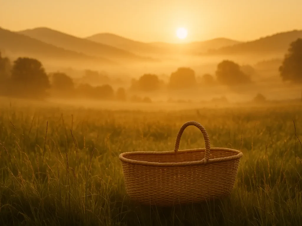 Cesto de bebé vacío en un campo al amanecer con niebla y colinas, imagen simbólica sobre la espera y el comienzo de una nueva vida en un contexto natural vasco.