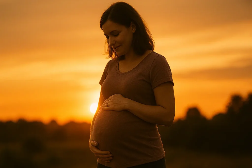 Mujer embarazada de 37 semanas al atardecer sosteniendo su vientre con ternura y emoción