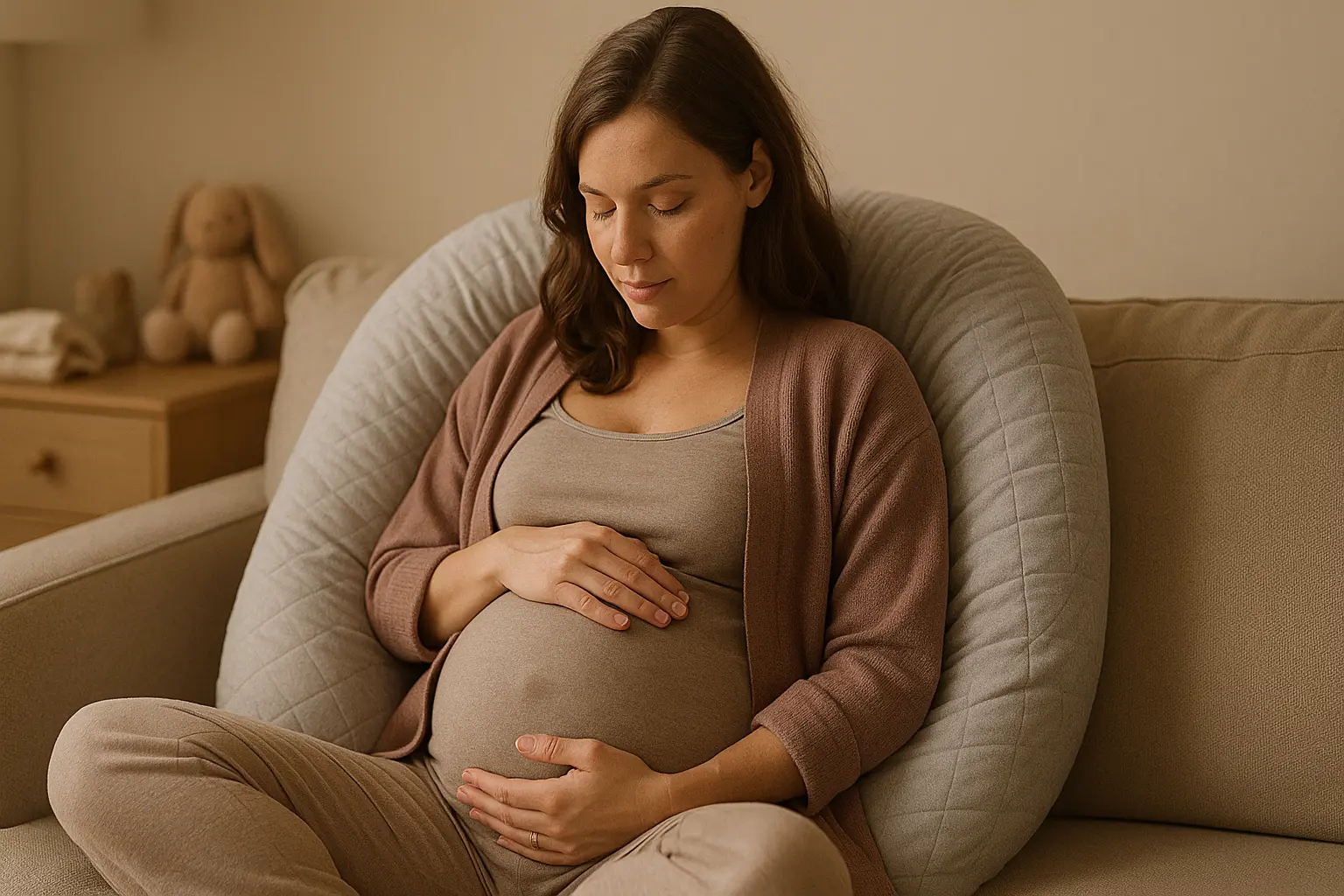 Mujer embarazada en la semana 37 descansando en el sofá con una almohada de maternidad