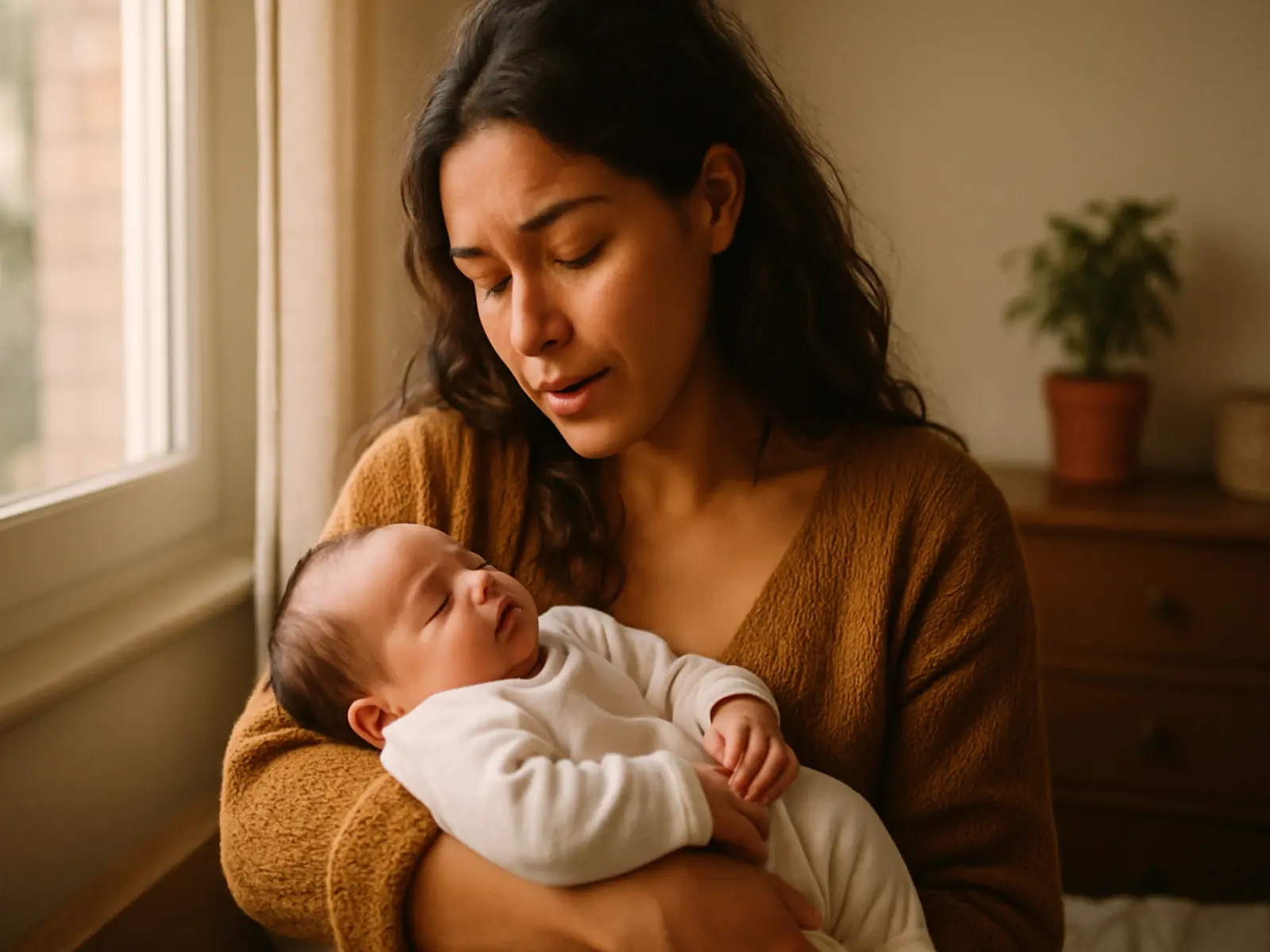 Madre joven abrazando a su bebé recién nacido junto a una ventana, con expresión emocional, durante su baja por maternidad