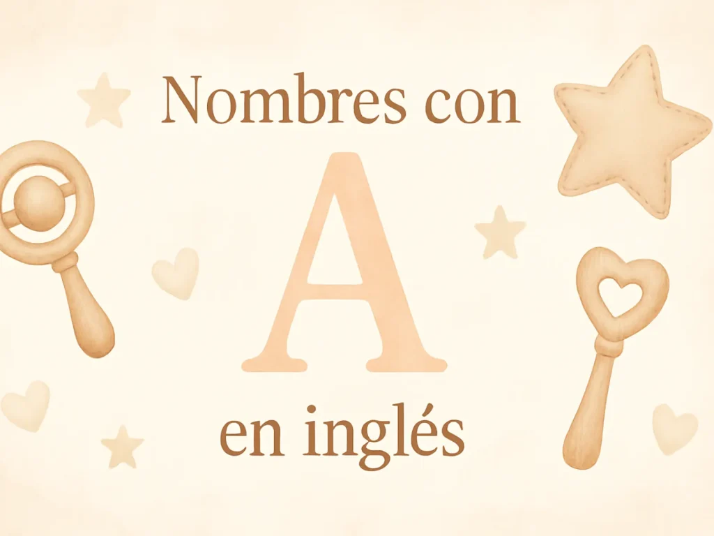 Imagen destacada sobre nombres con A en inglés para bebés, con diseño tierno y elementos infantiles.