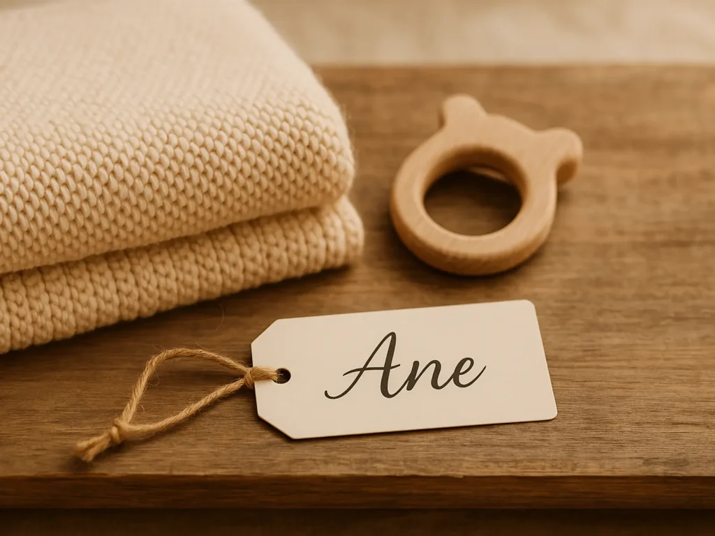 Etiqueta con nombre vasco 'Ane' sobre manta de bebé y juguete de madera - imagen cálida y minimalista sobre nombres vascos para bebés