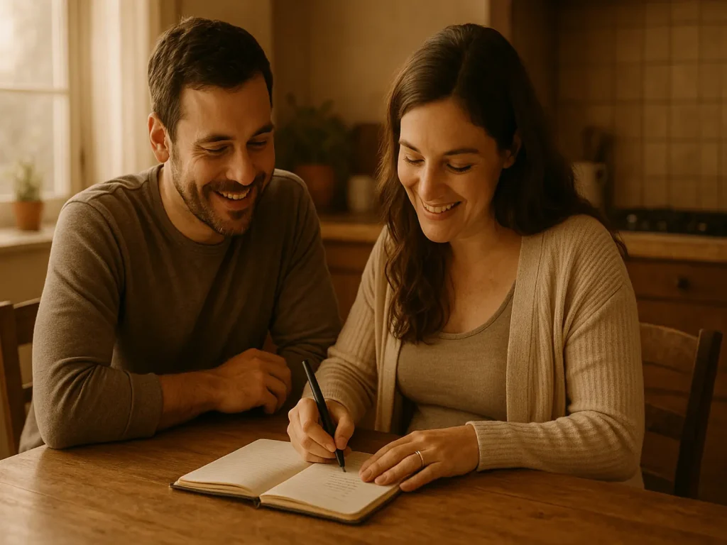 Pareja sonriente escribiendo nombres de bebé en una libreta, momento íntimo de elección compartida en un entorno cálido y familiar.