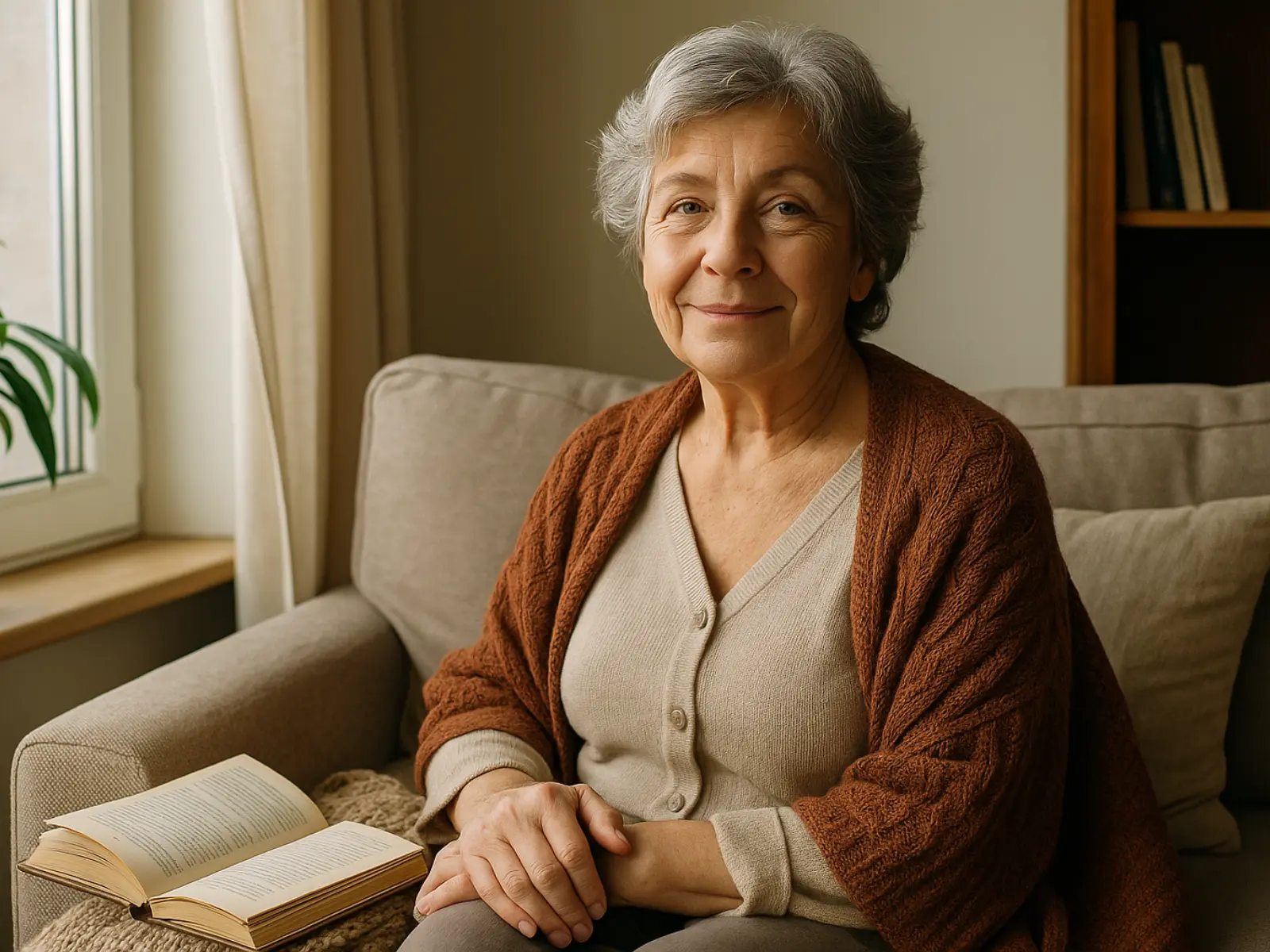 Mujer mayor sentada en el sofá de su casa, con un libro abierto, tranquila y sonriente