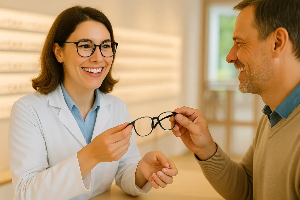 Entrega de nuevas gafas gracias a las ayudas para gafas Seguridad Social 2025 en una óptica colaboradora