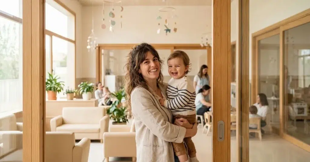 Madre con su hijo en la entrada de una guardería en España solicitando el cheque guardería 2026