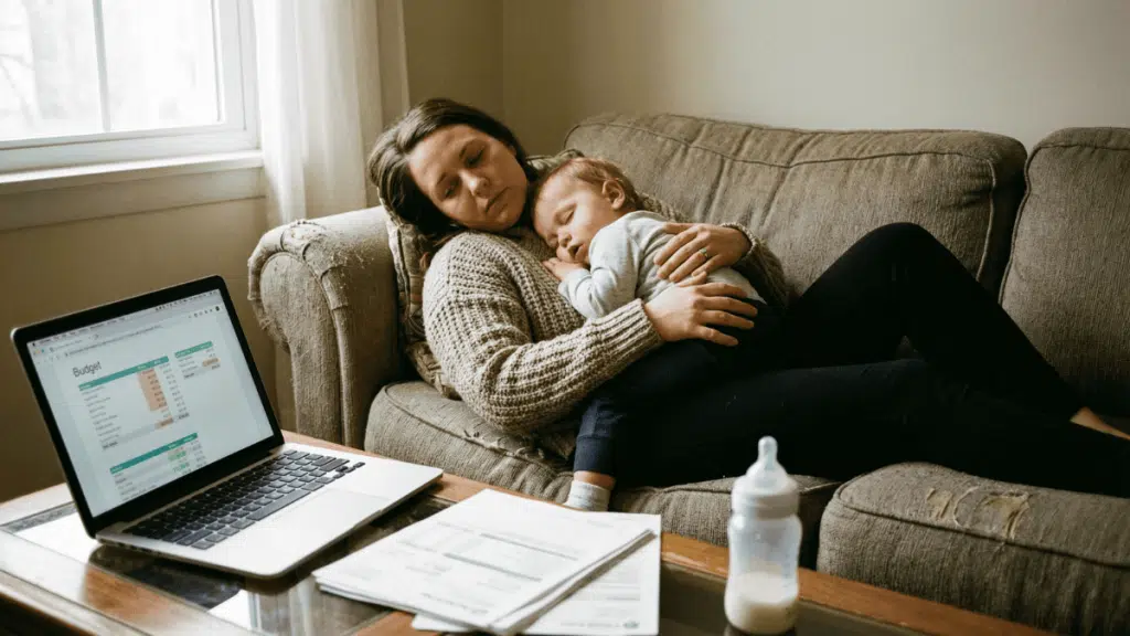 Madre con su bebe en el sofa de su casa