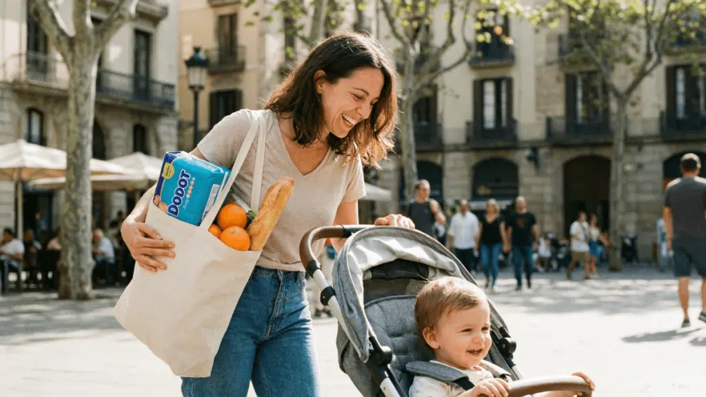 Mujer paseando con su bebe de comrpas