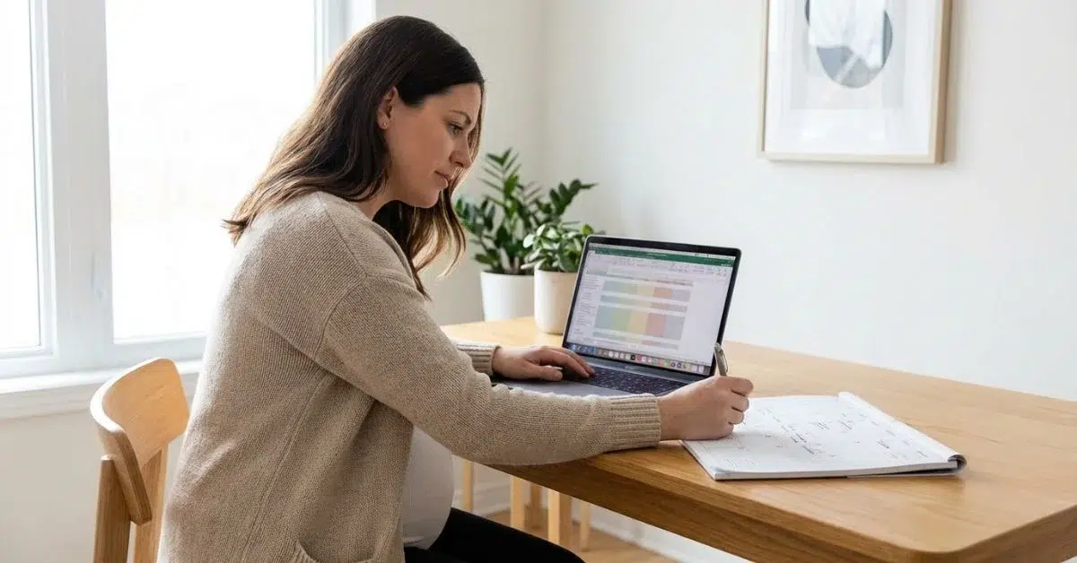 Mujer embarazada planificando en un calendario las 16 semanas de su baja por maternidad.