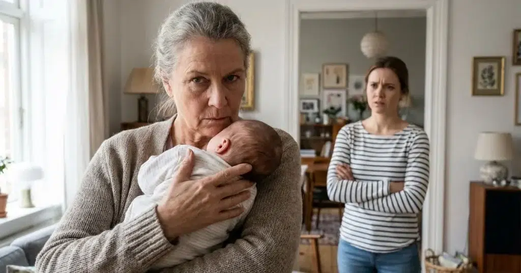 La abuela intentando tomar el control del bebé mientras la madre real se ve desplazada o angustiada.